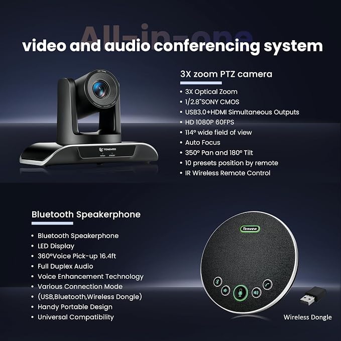 TONGVEO All-in-One Conference Room Video Camera System Bundle HD 1080P 60fps 3X - Image 2