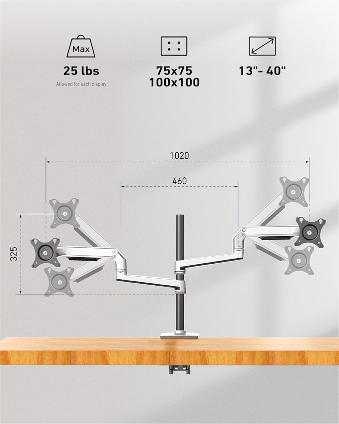 Quad Monitor Mount, Holds Screens up to 40 Inches and 25 lbs, Fully Adjustable - Image 2