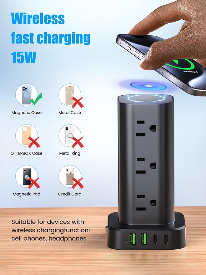 Tower Power Strip with 15W Wireless Charger, 6FT Flat Plug Extension Cord with - Image 2