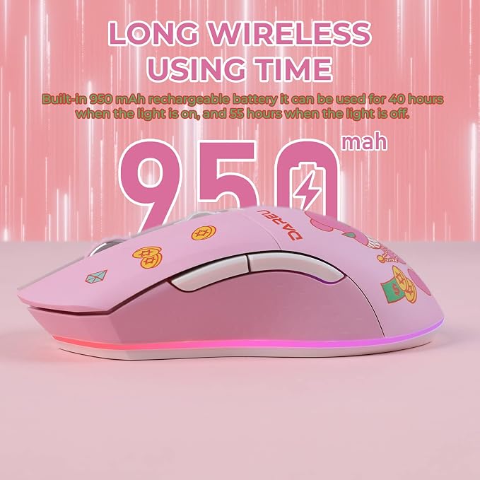DAREU Pink Wireless Wired Gaming Mouse, Dual-Mode Rechargeable 7 Programmable - Image 4