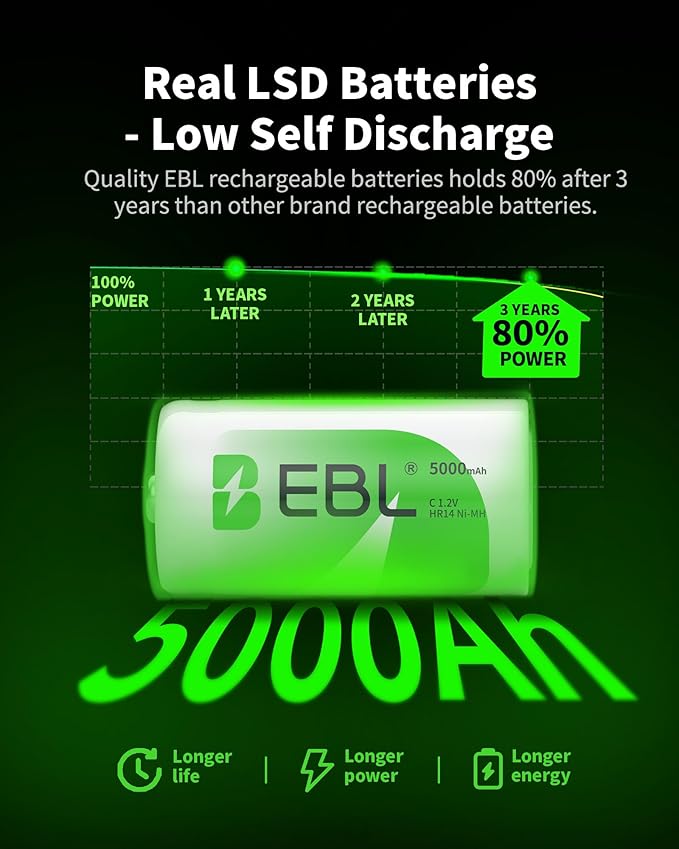 EBL C Batteries High Energy 5000mAh Ready2Use C Rechargeable Battery Cells - Image 2