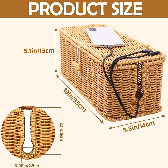 Cable Management Box, Handmade Imitation Rattan Cord Cable Organizer, Cable - Image 2
