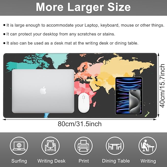 Mouse Pad, Large Colorful World Political Map Desk Mat, Extended Non-Slip - Image 2