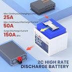 24V 25Ah LiFePO4 Battery, 2C High Discharge Rate Built-in 50A BMS 640Wh Lithium - Image 4
