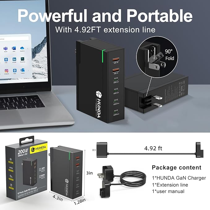 HUNDA 200W USB C Charger GaN Charging Station 6 Ports Fast PD 100W Type C - Image 6