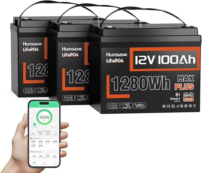 3PACK 12V 100Ah LiFePO4 Lithium Battery MAX Bluetooth 5.0 IP67, 15000+ Deep by HumsiENK