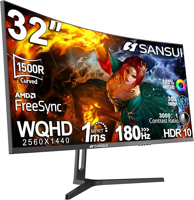 SANSUI 32-Inch Curved Gaming Monitor WQHD 2560 x 1440 180Hz Curved 1500R -1ms by SANSUI