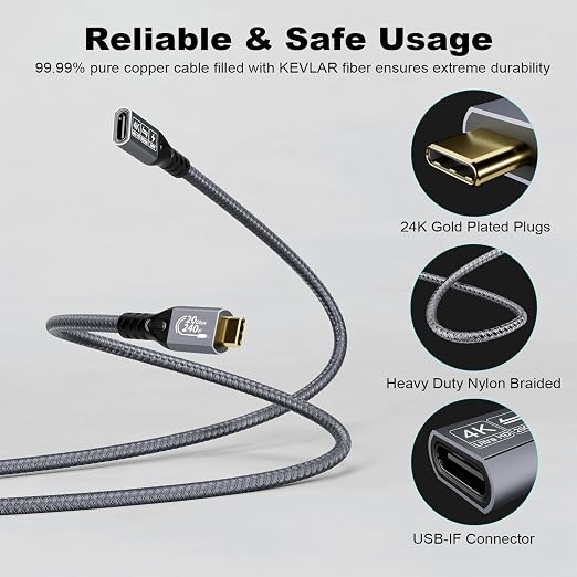 Type C Cable 6.6ft 2m, 240W 48V/5A USBC to USB C 3.2 Gen2×2 Extension Cable - Image 5