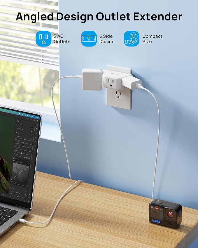 TROND Outlet Extender, 3-Prong Grounded Wall Plug Splitter, 3 Way Angled Outlet - Image 2