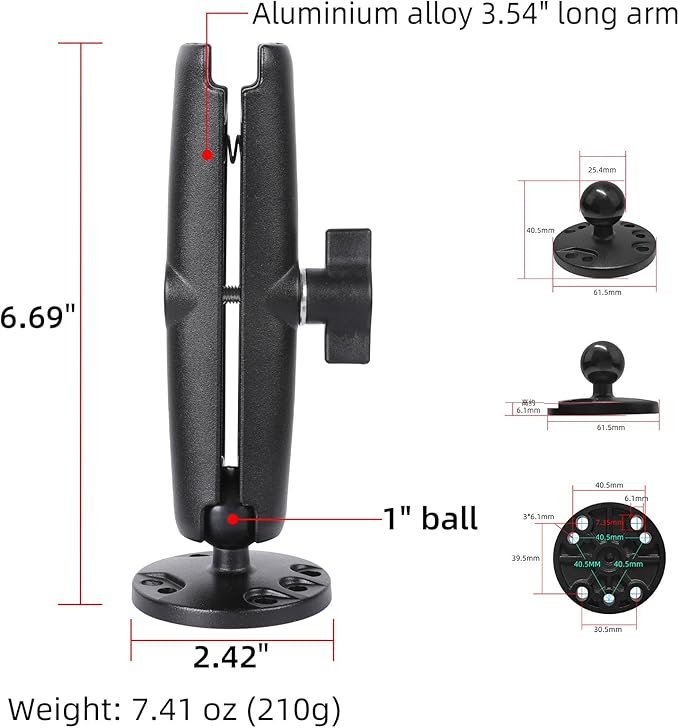 1" Ball Double Socket Arm with AMPS Hole Round Plate Base, Aluminum Alloy - Image 2