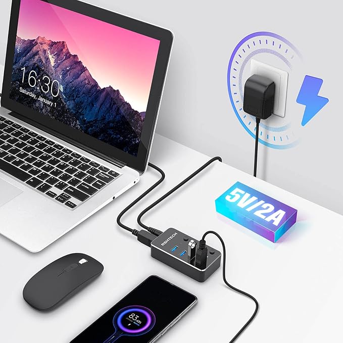 USB 3.0 Hub RSHTECH 4 Port Powered USB 3.0/USB C Hub Upgraded Version - Image 2