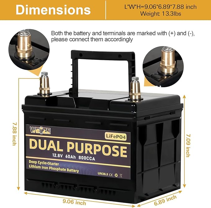 WEIZE 12V 60AH Dual Purpose LiFePO4 Lithium Battery, 800CCA Group 24 Group 34 - Image 3