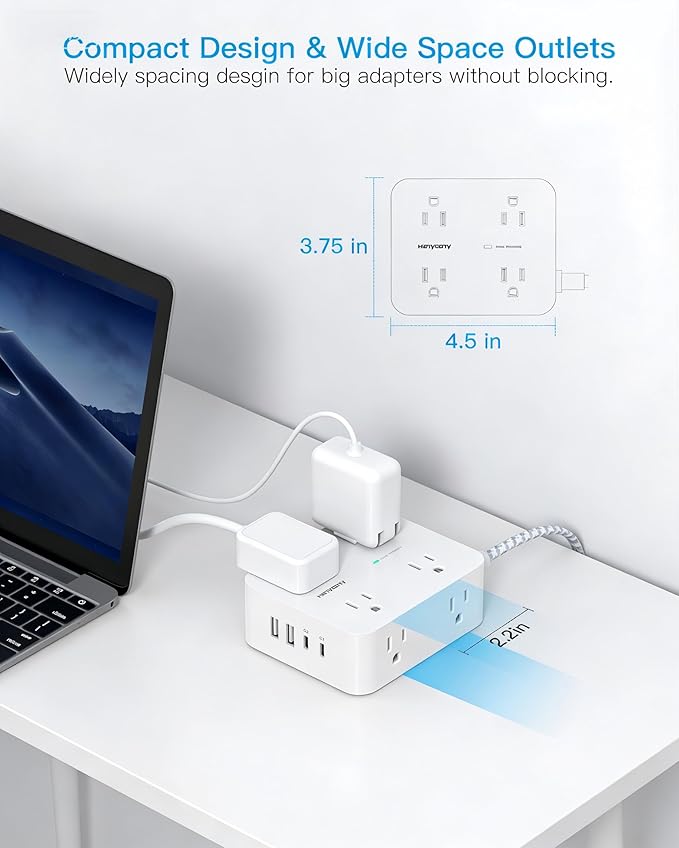 PD 30W USB C Power Strip Surge Protecor, HANYCONY 8 Outlets 4 USB, 1080J Desk - Image 6