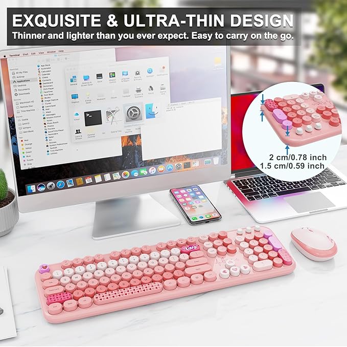 Wireless Keyboard and Mouse Combo, 104 Round Keys Full-Size Cute Colorful Pink - Image 5