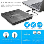 5-in-1 Extemal CD/DVD Drive for Laptop, USB 3.0 & Type-C Portable CD/DvD Rw - Image 4