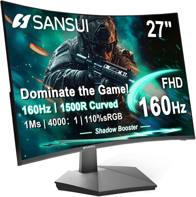 SANSUI 27 Inch Curved 160Hz Gaming Monitor, 1500R Curved Computer Gaming by SANSUI