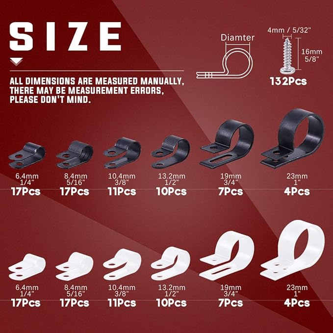 Hilitchi 132 Pcs 6 Sizes Black and White Plastic Cable Clamp R Type Screw - Image 2