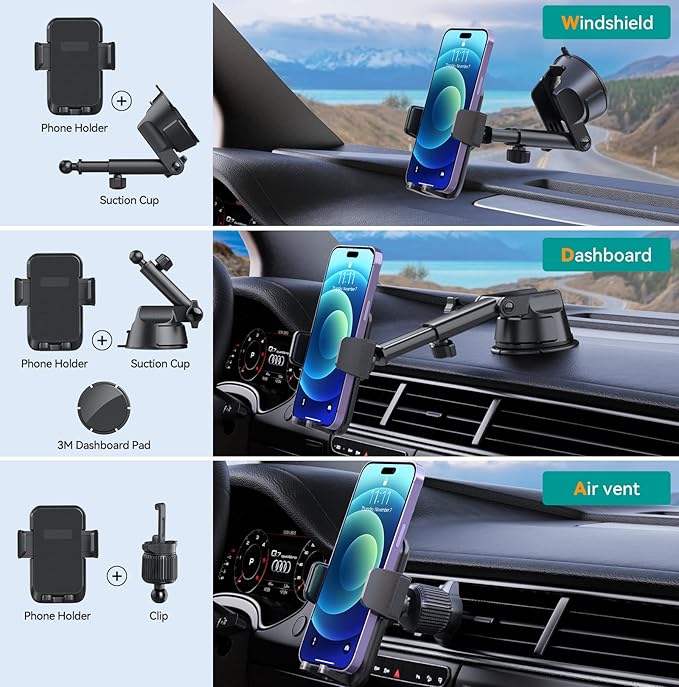 Car Phone Holder Mount, 3 in 1 Universal Phone Mount - Image 4