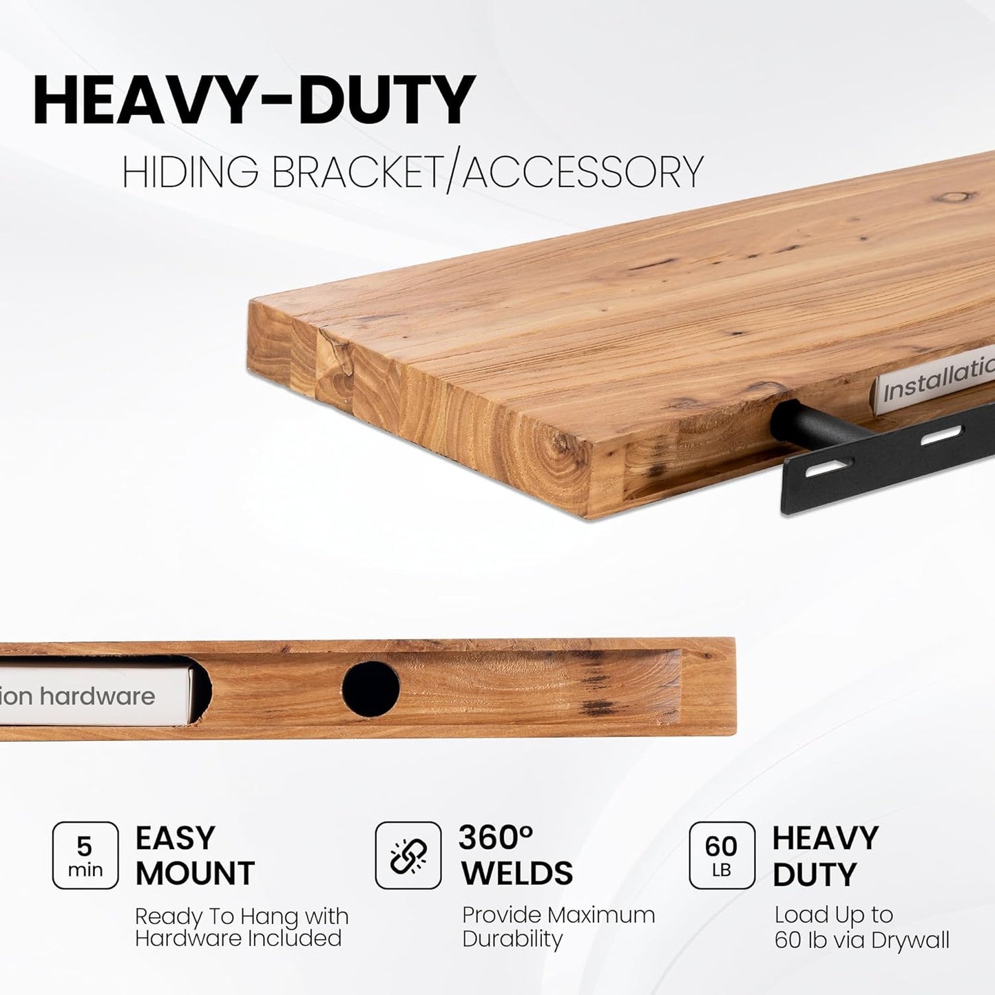 55 Inch Floating Shelves, Rustic Live Edge Elm Wood Shelves for Wall, Heavy-Duty Long Floating Shelf with Invisible Bracket, Wall Mounted Storage Shelves for Books, Bathroom, Kitchen, Natural Finish