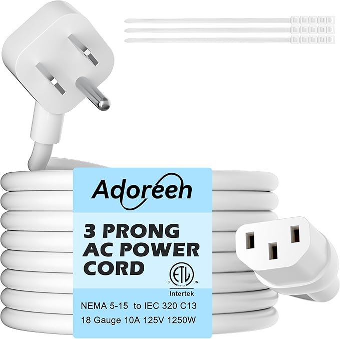 Adoreen 4 Ft Computer TV Replacement Power Cord White, Low Profile Flat Plug by Adoreen