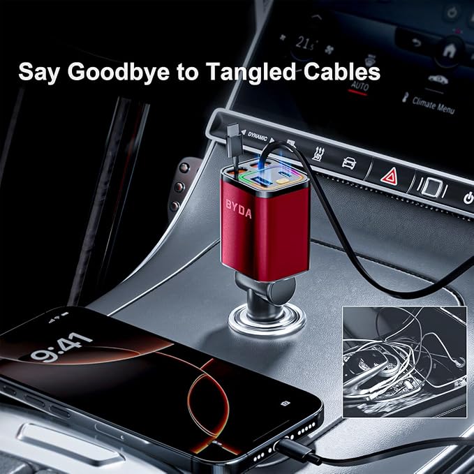 4 in 1 Retractable Car Charger, 69W Car Charger USB C, Cigarette Lighter Adapter - Image 4