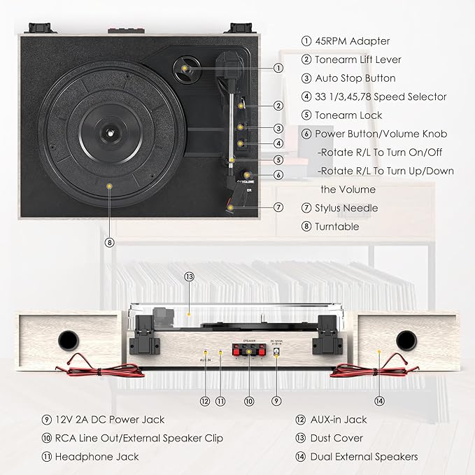 Record Player for Vinyl with External Speakers, Belt-Drive Turntable with Dual - Image 8