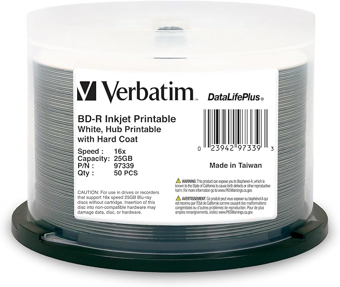 Verbatim BD-R 25GB 16X Blu-ray Recordable Media Disc DataLifePlus White Inkjet by Verbatim