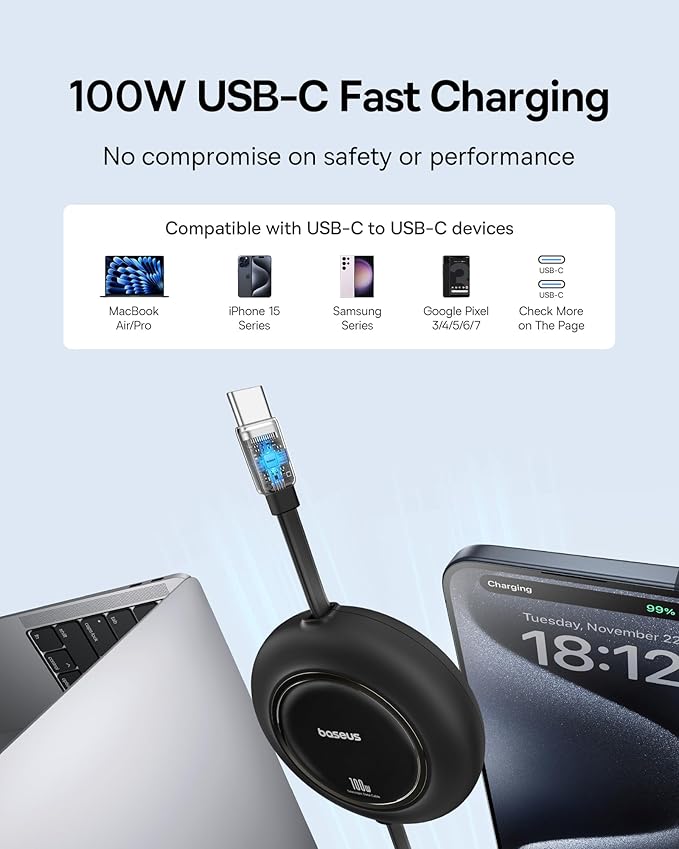 Baseus USB C Cable, 100W 2-Pack 6.6ft Retractable USBC to USBC Fast Charging - Image 2