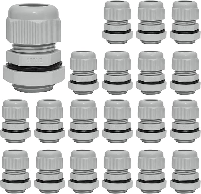 20 Pcs 1/2" NPT Nylon Cable Glands, IP68 Waterproof Adjustable Cord Grip Cable by Bonsicoky