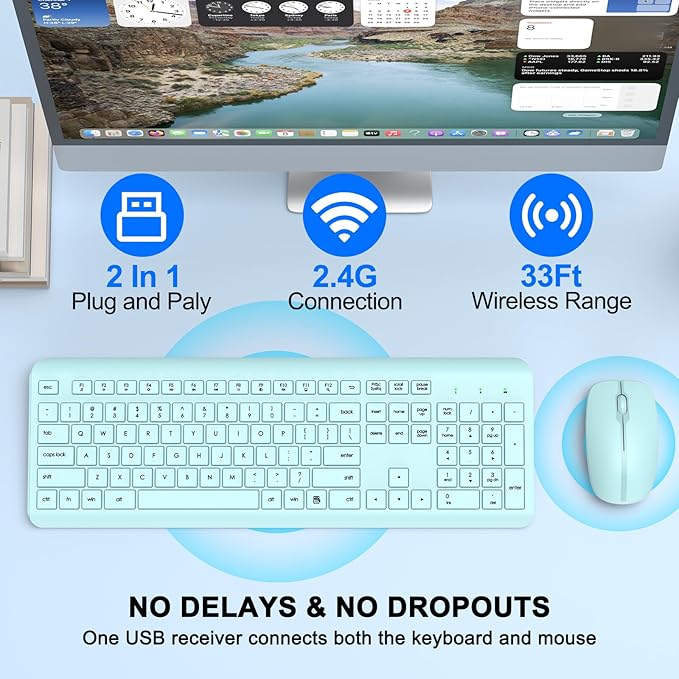 Wireless Keyboard and Mouse Combo, Full-Size Silent Ergonomic Keyboard and - Image 2
