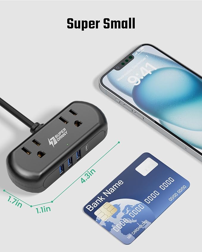 Power Strip with USB, SUPERDANNY Mini Surge Protector with 2 Wide-Spaced Outlets - Image 2