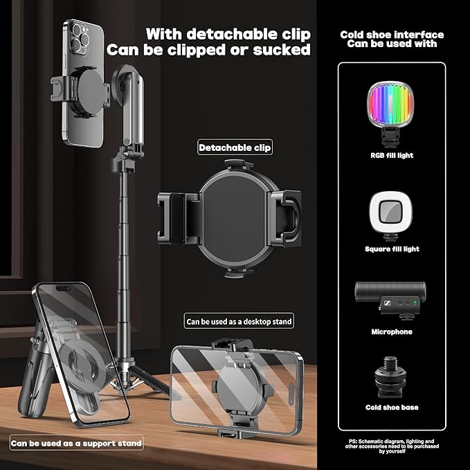 Magnetic Tripod for Phone with Remote Control, Extendable Selfie Stick Handle - Image 4