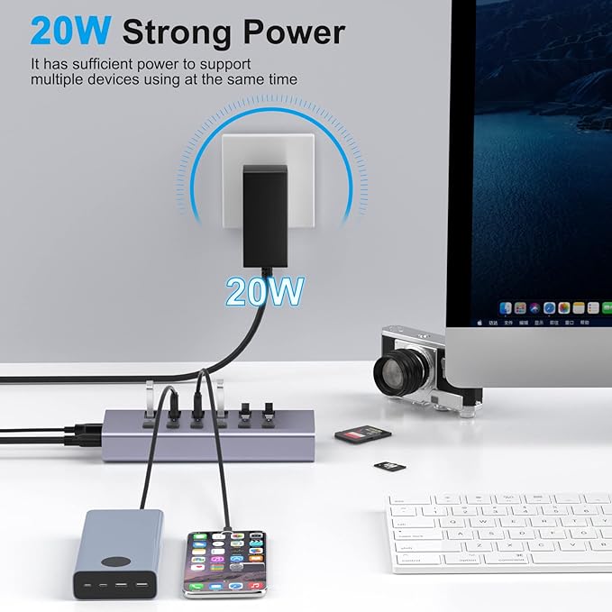Powered USB Hub with TF/SD Card Reader, 8-Port USB 3.0 Hub with 6 USB 3.0 Data - Image 2