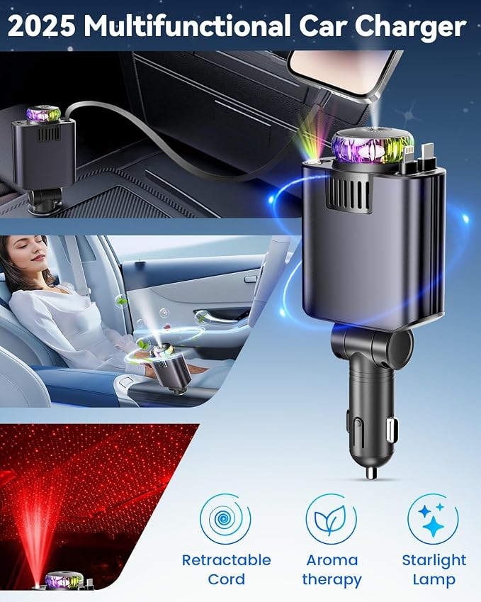 Retractable Car Charger with Air Freshener Diffuser & Star Lights - Image 2