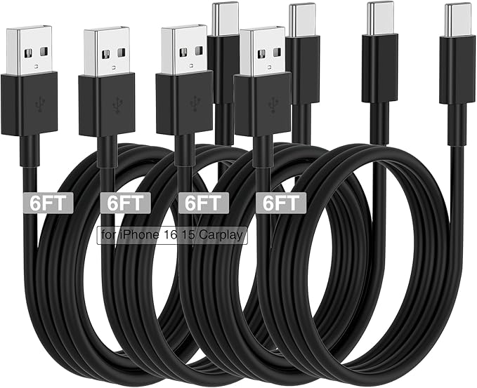 Car Carplay Cable for iPhone 17 16 15 Charger Cord, 4 Pack 6FT USB A to USB C by Cabepow