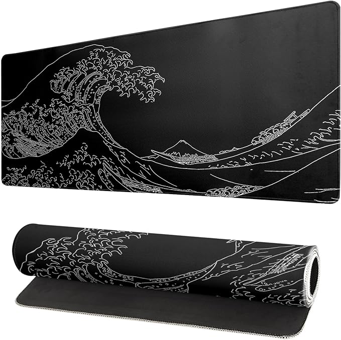 Japanese Sea Wave Large Mouse Pad Abstract Black Mouse Pad 31.5x11.8 Inch Black by Siski