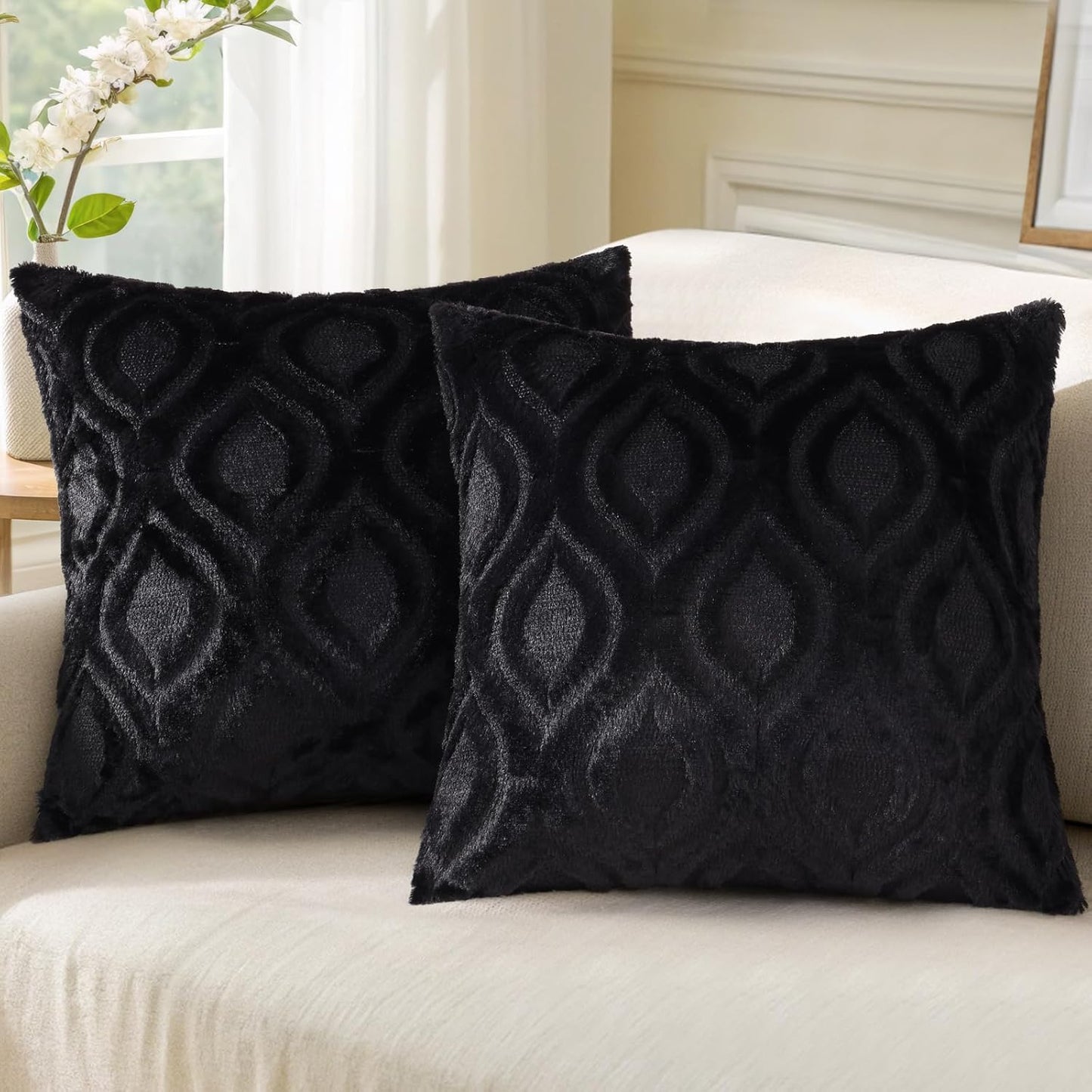 decorUhome Fall Throw Pillow Covers 18x18 Inch Set of 2, Soft Plush Decorative Faux Fur Black Solid Couch Pillow Covers, Accent Farmhouse Neutral Square Euro Pillow Cases for Sofa Bed Living Room
