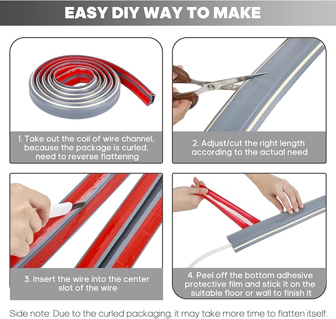 10ft Large Grey Floor Cord Cover, Self-2" x 0.6", Cable Cavity:0.8" x 0.4" - Image 5