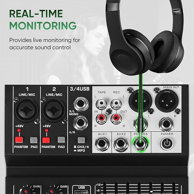 Audio Mixer 4 Channel Sound Mixer Console, Professional Music Mixing Board DJ - Image 7