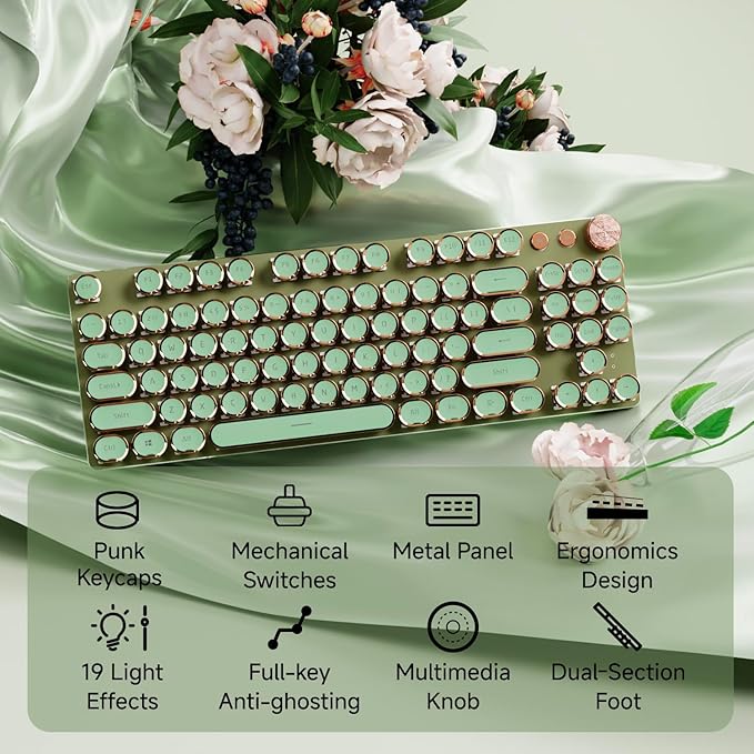 EWEADN V20 Green Typewriter Keyboard, 87 Keys Backlit Typewriter Style - Image 2