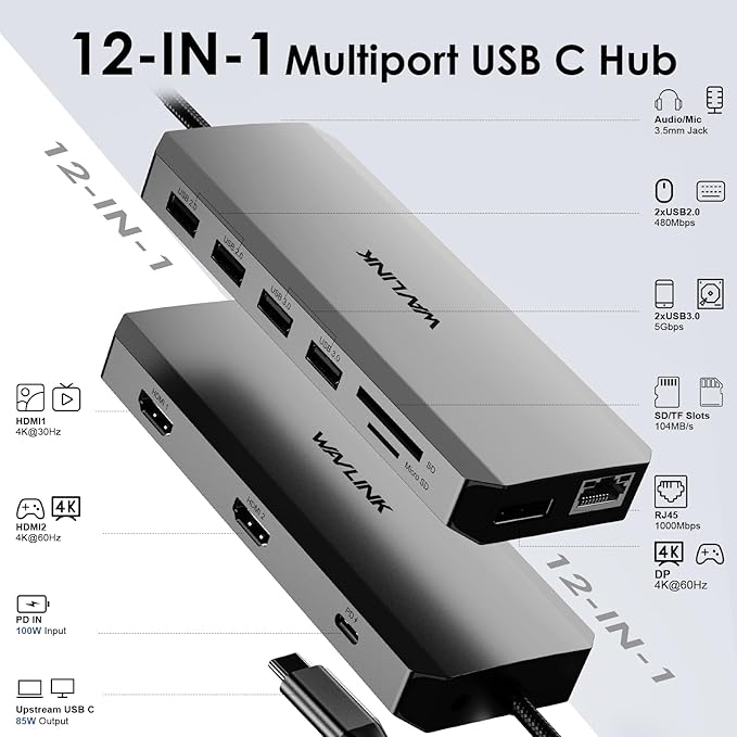 WAVLINK USB C Docking Station Dual Monitor, USB-C Hub Laptop Triple Display - Image 2
