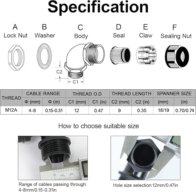 LeMotech M12 Cable Gland, 90 Degree Adjustable 4-8mm Strain Relief, Cord - Image 2