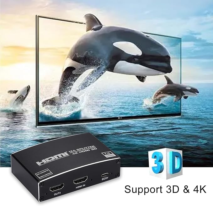 HDMI Splitter 1 in 4 Out, 1x4 HDMI Splitter Audio Video Distributor Box Support - Image 6