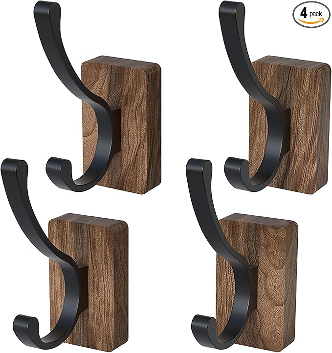 4 PCS Black Walnut Wood Wall Hooks Adhesive Mounted & Wall Mounted Rustic by IURRDOP
