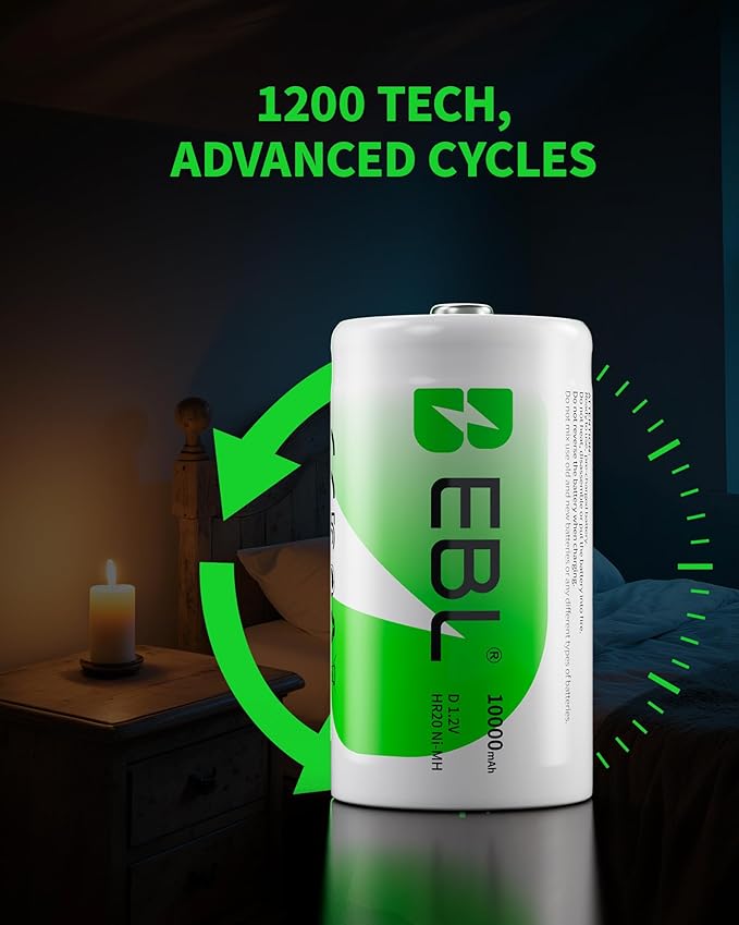 EBL Pack of 8 10000mAh Ni-MH D Cells Rechargeable Batteries, Battery Case - Image 5