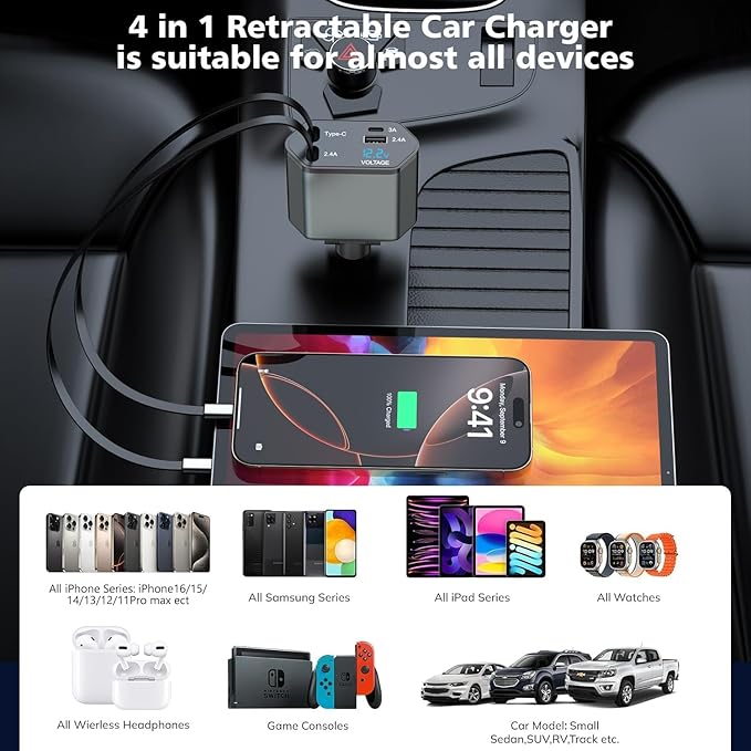 66W Retractable Car Charger, CarCharger Fast Charging 4 in 1 Car Phone Charger - Image 7