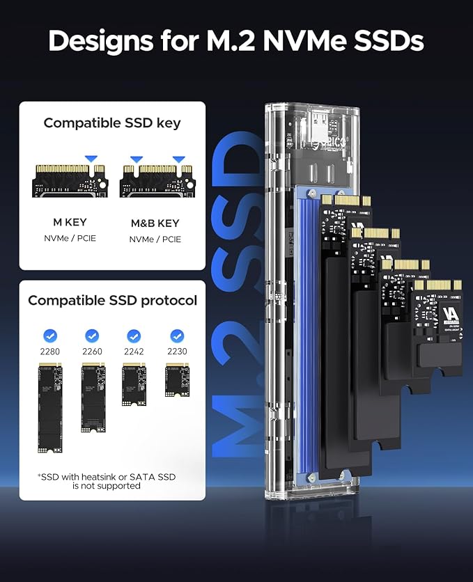ORICO M.2 NVMe SSD Enclosure, USB 3.2 Gen 2, Transparent External Solid State - Image 3