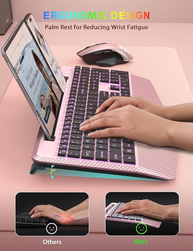 Wireless Keyboard and Mouse Backlits, Wrist Rest, LED Mouse, Rechargeable - Image 3
