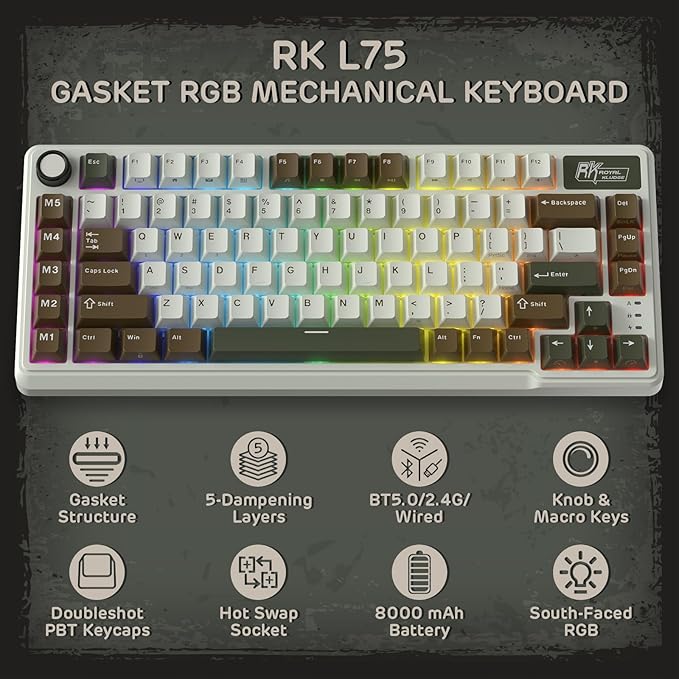 RK ROYAL KLUDGE L75 Gasket Mount Mechanical Keyboard w/Knob/Macro Keys & - Image 2
