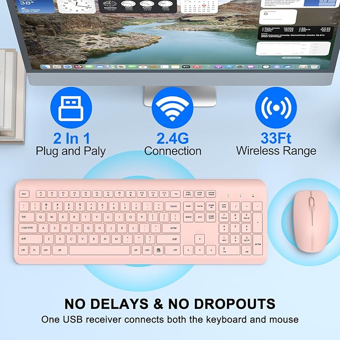 Wireless Keyboard and Mouse Combo, Full-Size Silent Ergonomic Keyboard and - Image 2